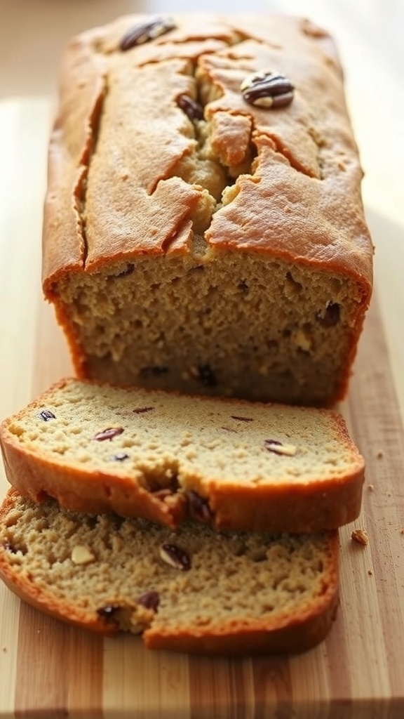 A loaf of diabetic-friendly banana bread sliced on a wooden board, showcasing its moist texture and nutty pieces.